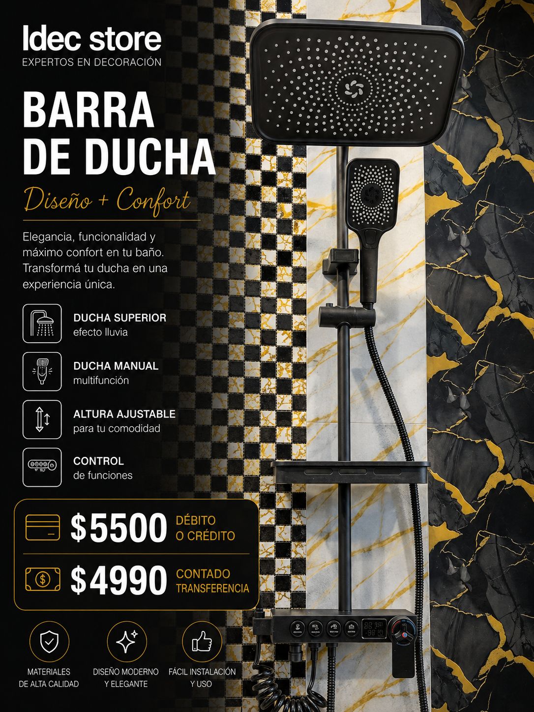 Barra de ducha multifunción negra con pantalla digital