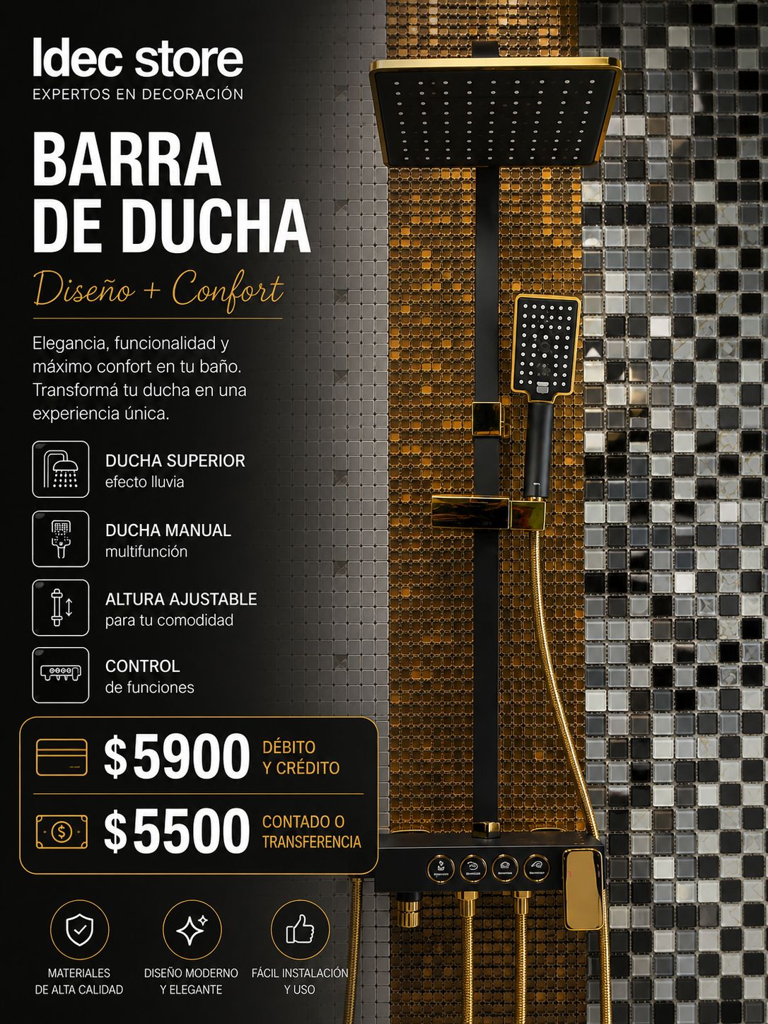 Barra de ducha multifunción negra con detalles dorados