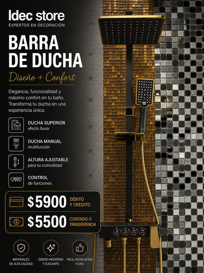 Barra de ducha multifunción negra con detalles dorados